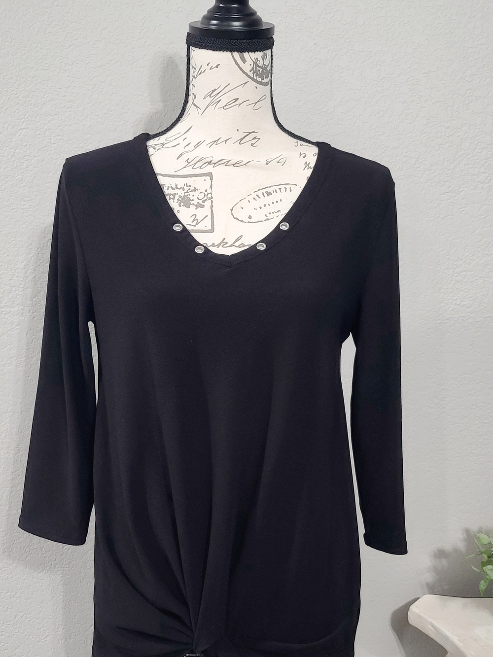 Women’s Black V-Neck Long Sleeve Top with Stud Detail